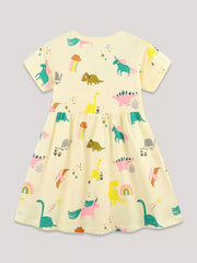 Yellow cotton toddler dress with a whimsical dinosaur and unicorn print.