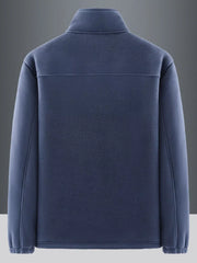 Men's dark blue fleece jacket with stand-up collar and horizontal seam detail across the back shoulders.
