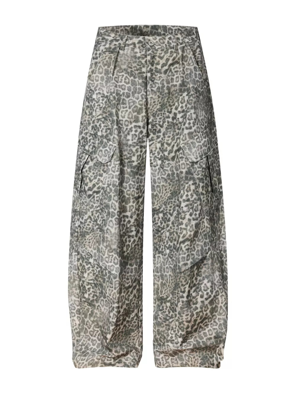 Leopard print cargo pants with utility pockets and a button fly.
