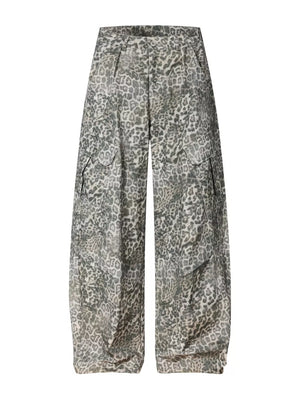 Leopard print cargo pants with utility pockets and a button fly.