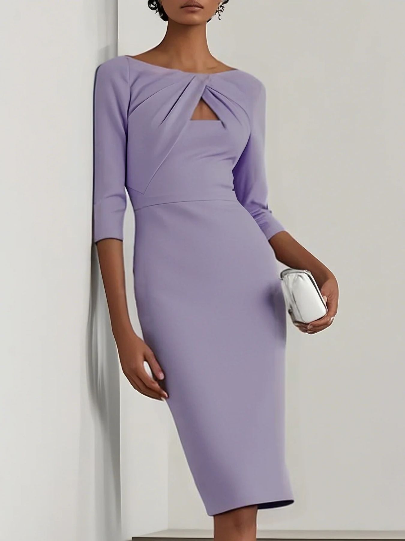 Lavender midi dress with twist-front detail and cutout, 3/4 sleeves.