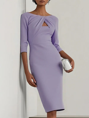 Lavender midi dress with twist-front detail and cutout, 3/4 sleeves.