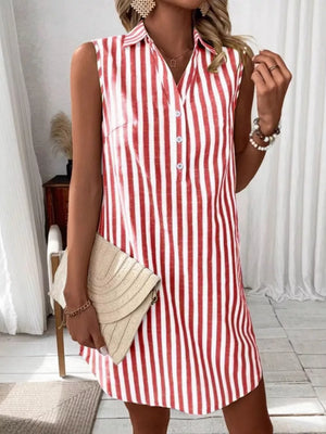 Red and white striped collared sleeveless shirt dress with button detail, above knee length.