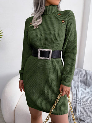 Dark Green ribbed knit turtleneck dress with shoulder buttons and a jeweled belt.