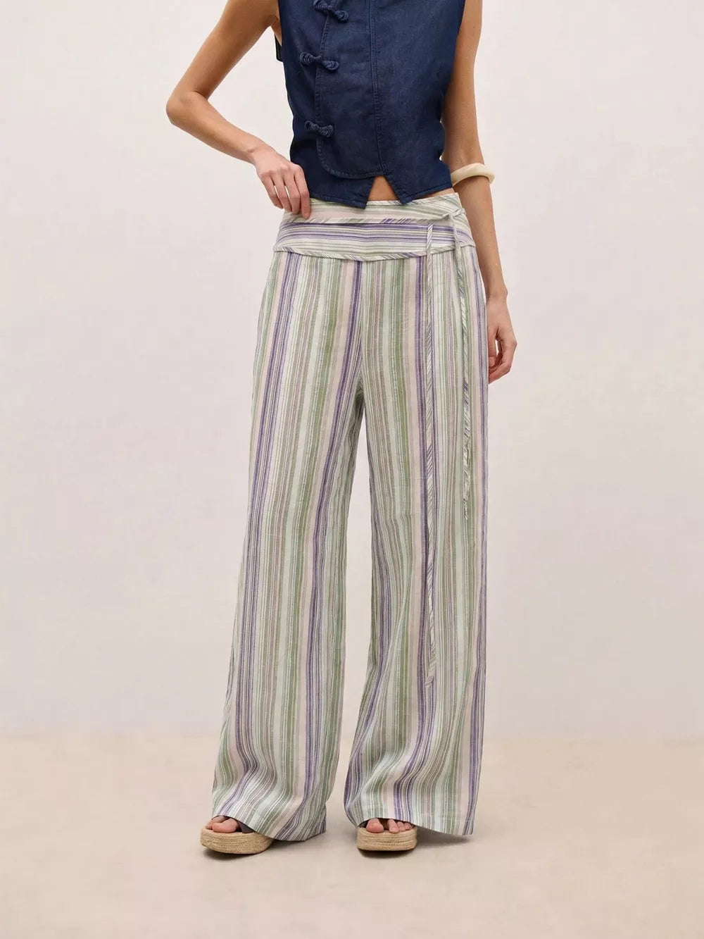 Striped Wide-leg Pants With Tie Waist in Blue, product detail