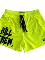Neon green mesh shorts with black graphic print and drawstring.