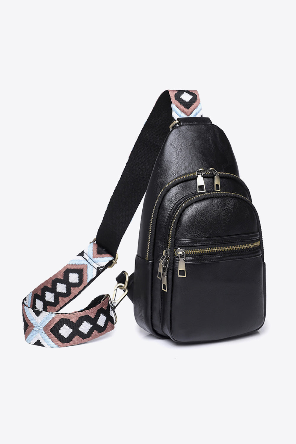 Black crossbody bag with geometric strap and multiple zippered pockets
