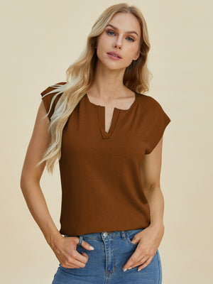 Keyhole neckline knit tee in caramel, short sleeve, ribbed texture, casual style