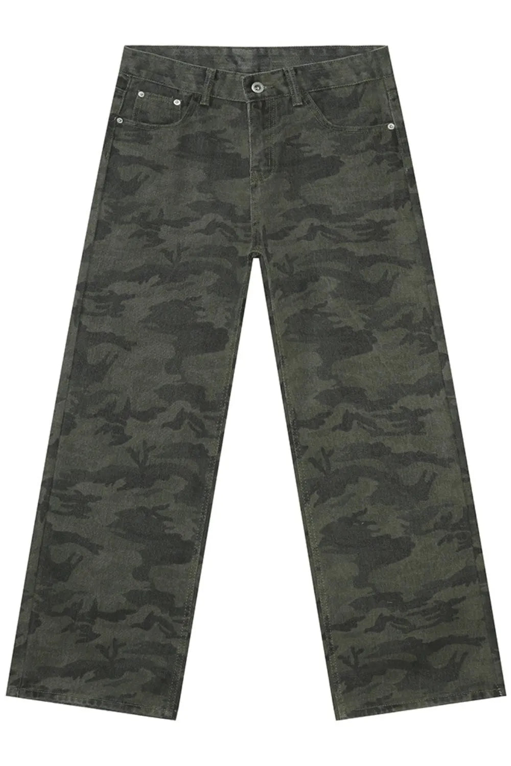 Camouflage wide-leg denim trousers in Army Green with a relaxed fit.