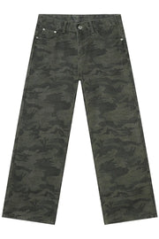 Camouflage wide-leg denim trousers in Army Green with a relaxed fit.