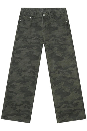 Camouflage wide-leg denim trousers in Army Green with a relaxed fit.