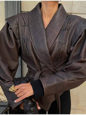 Belted Leather Jacket With Shawl Collar in Dark Brown, fit detail
