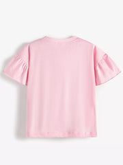 Toddler pink cotton t-shirt with ruffled short sleeves and crew neck.