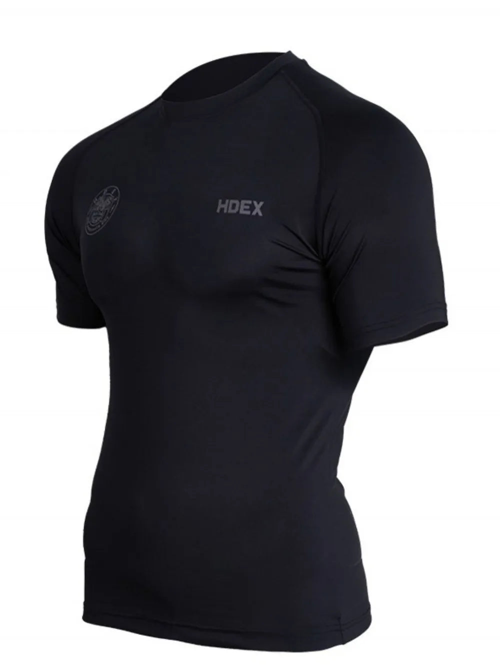 Black performance fit crew neck tee with HDEX logo and emblem detail.