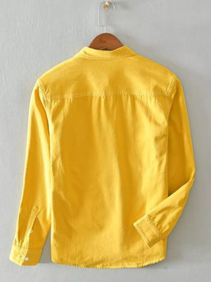 Yellow long-sleeve men's button-up shirt with contrast stitching detail on the yoke.