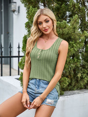 Ribbed button-front tank top in Matcha Green with a scoop neckline.