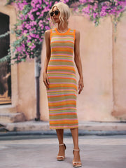 Striped knit sleeveless midi dress in orange, pink, and green crochet with a round neck.
