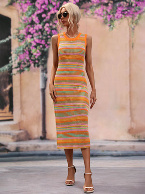 Striped knit sleeveless midi dress in orange, pink, and green crochet with a round neck.