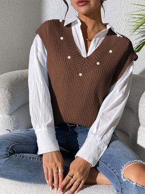 Coffee brown ribbed knit sleeveless vest with pearl embellishments and V-neck