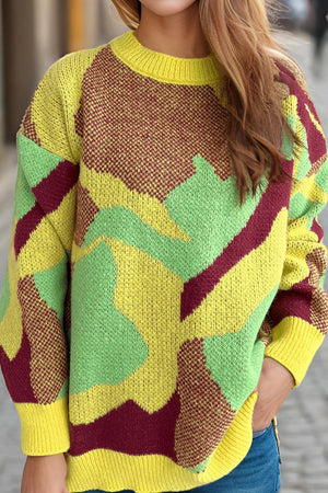 Geometric knit crewneck sweater in canary yellow with abstract colorblock pattern.