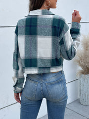 Green and white plaid shacket with buttoned cuffs and collar.