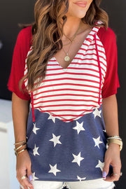 Patriotic raglan hooded tee with red sleeves, white and red striped body, and blue star print bottom.