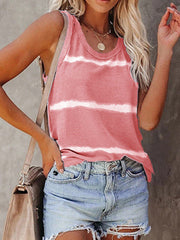 Coastal Stripe Scoop Tank in Burnt Coral with a tie-dye stripe pattern and scoop neckline.