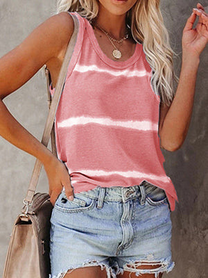 Coastal Stripe Scoop Tank in Burnt Coral with a tie-dye stripe pattern and scoop neckline.