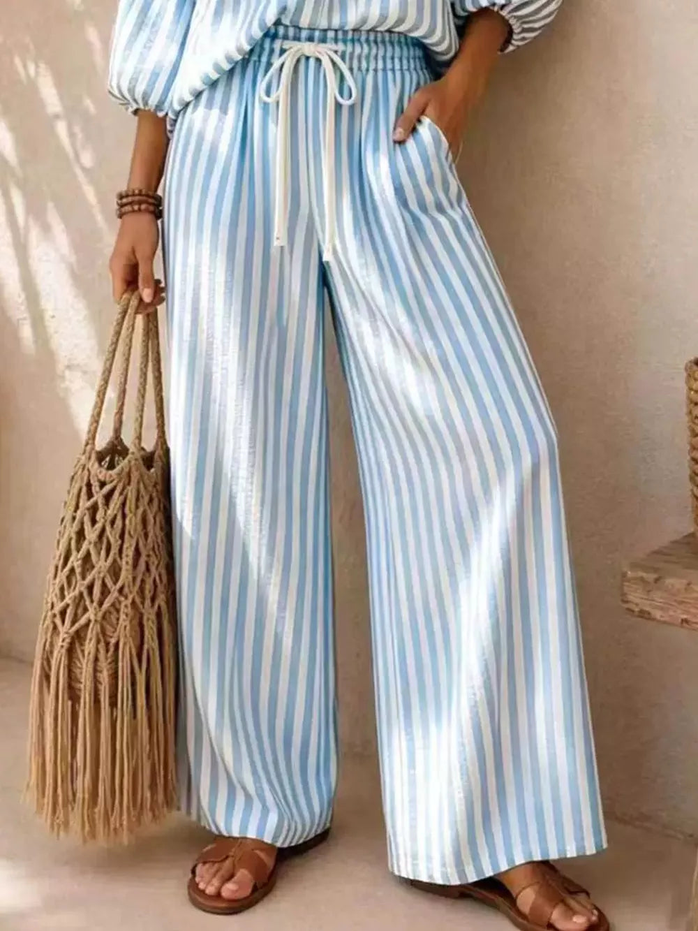 Striped Puff Sleeve Shirt And Wide-leg Pants Set in Khaki, view 12