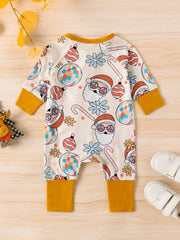 Baby one-piece with playful Santa, disco ball, and candy cane holiday print.