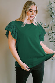 Dark green tee with eyelet flutter sleeves and a round neckline.