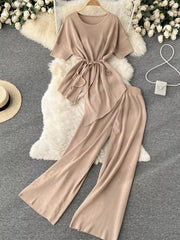 Apricot tied waist two-piece set with short sleeves and wide leg pants