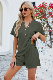 Waffle knit henley short set in olive green with button detail