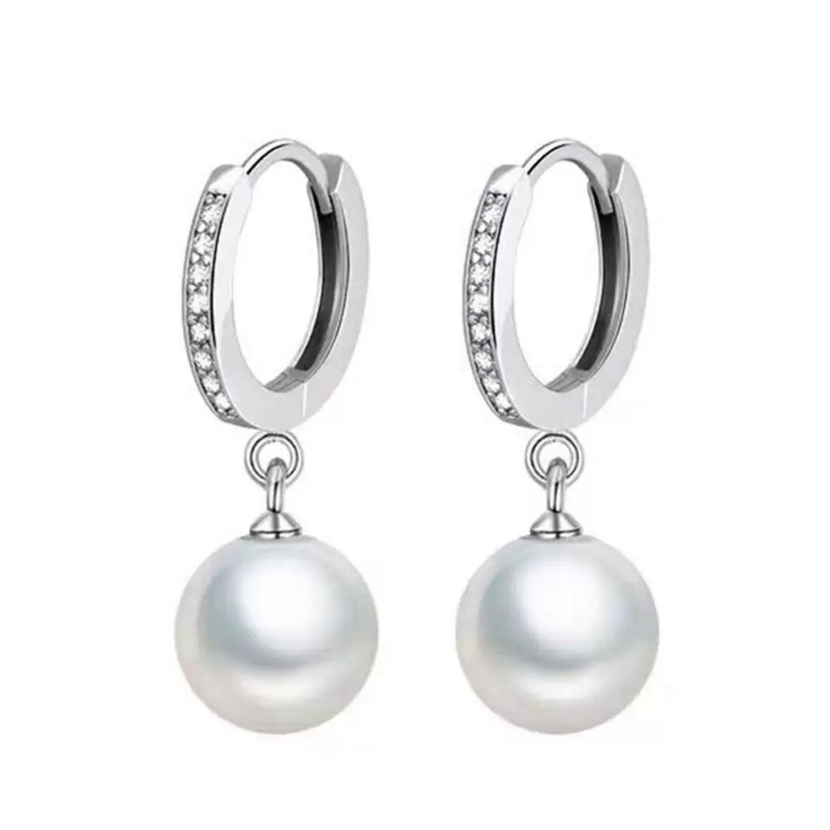 Elegant pearl drop hoop earrings with cubic zirconia accents.