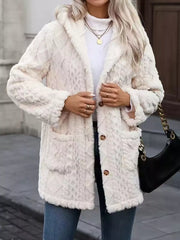 Plush hooded fleece trench coat in cream with button-down front and patch pockets.