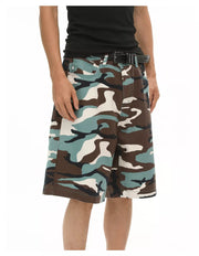Men's camo denim shorts with a relaxed fit and a black belt.