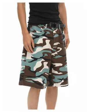 Men's camo denim shorts with a relaxed fit and a black belt.