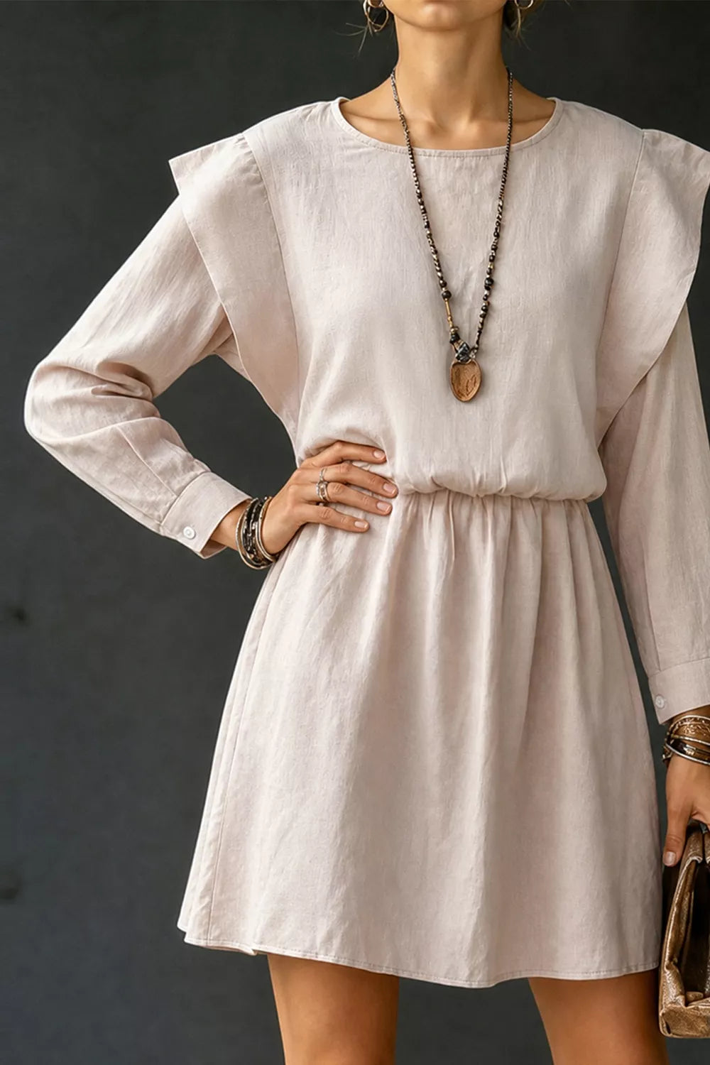 Ruffled Round Neck Long Sleeve Dress in Eggshell, back view