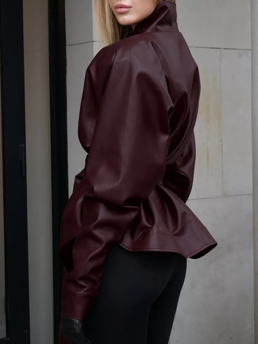 Stand Collar Belted Faux Leather Jacket in Wine Red, model styling view
