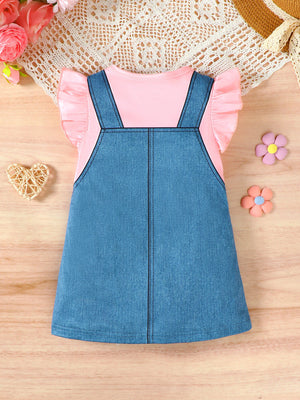 Baby denim overall dress with pink ruffle sleeve top.