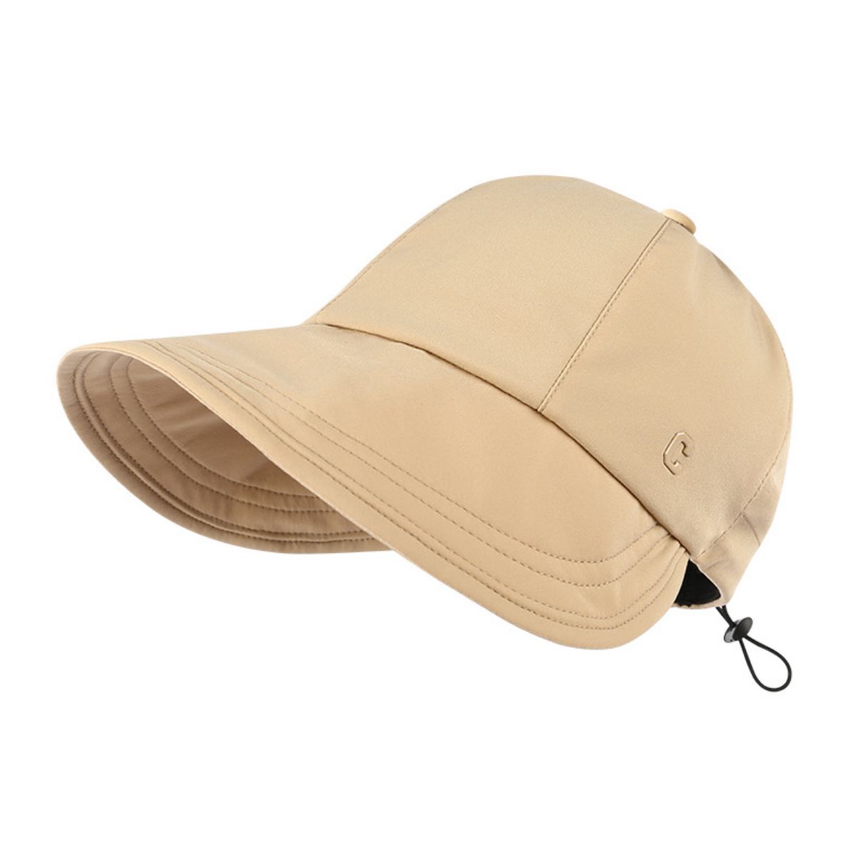 Khaki bucket hat with adjustable drawstring and subtle logo detail.
