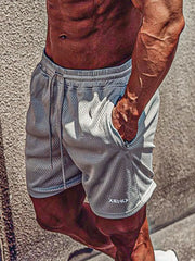 Gray performance mesh drawstring shorts with logo detail