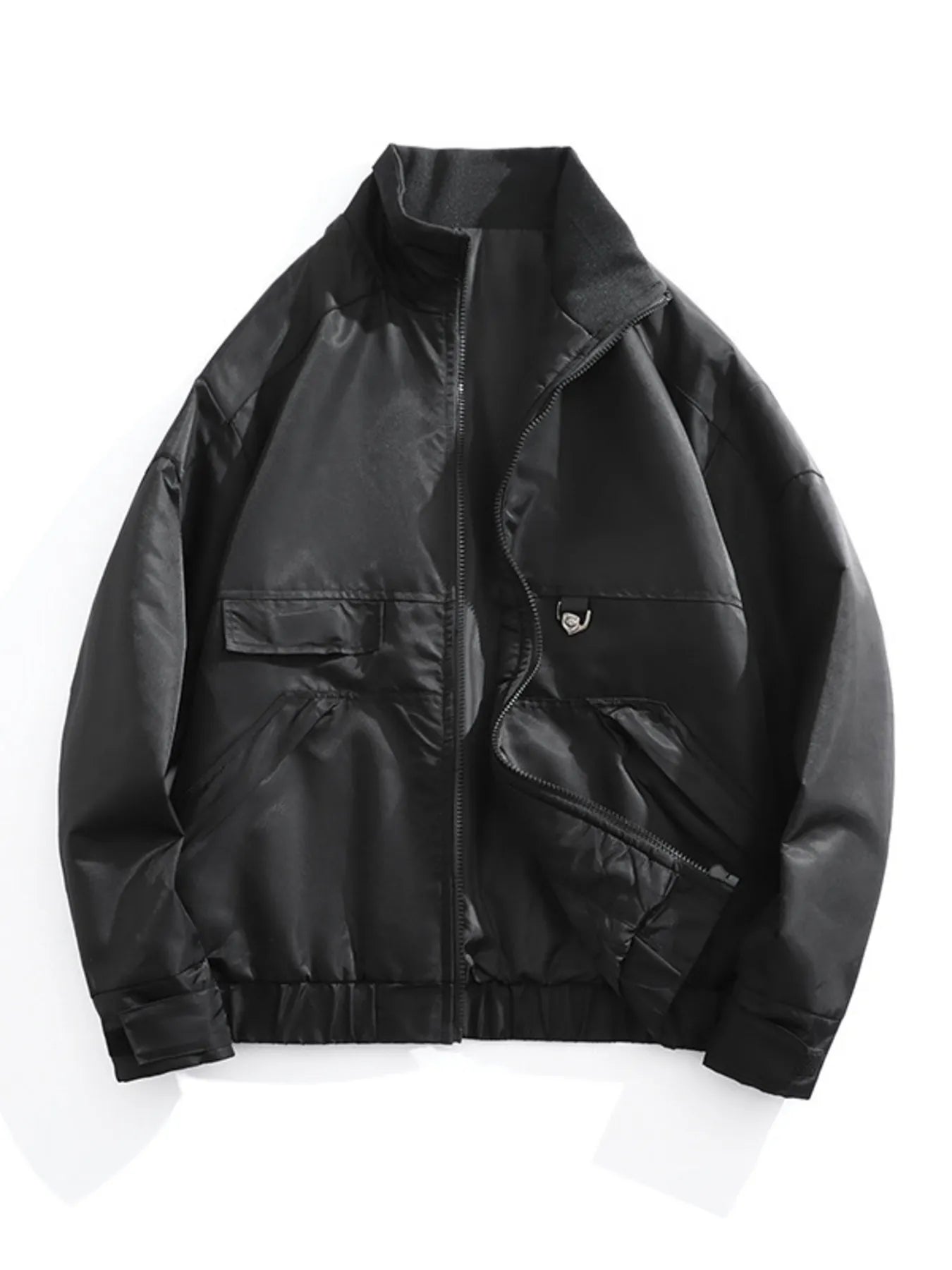 Men's black lightweight zip-up track jacket with zip pockets and chest flap pockets.