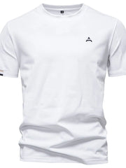 White t-shirt with embroidered crest detail on chest and striped sleeve detail