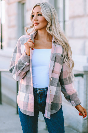 Oversized pink and gray checkered shacket with button front and patch pocket.