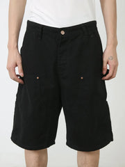 Black denim carpenter shorts with button fly and utility pockets.