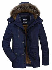 Men's navy blue faux fur hooded parka with buttoned front and fur lining.