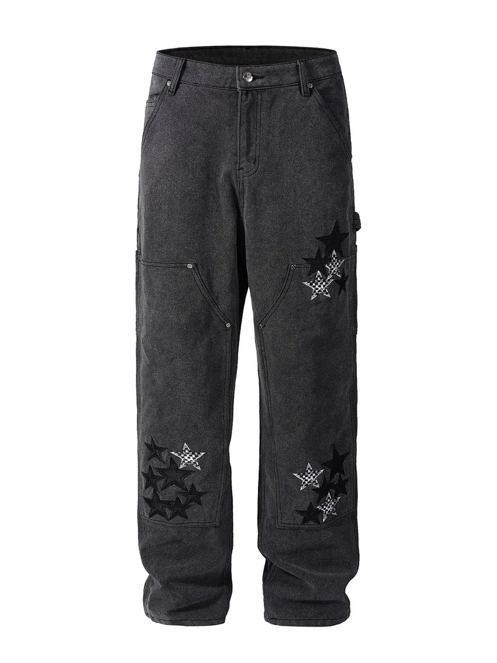 Dark embroidered star carpenter jeans with checkered pattern details.