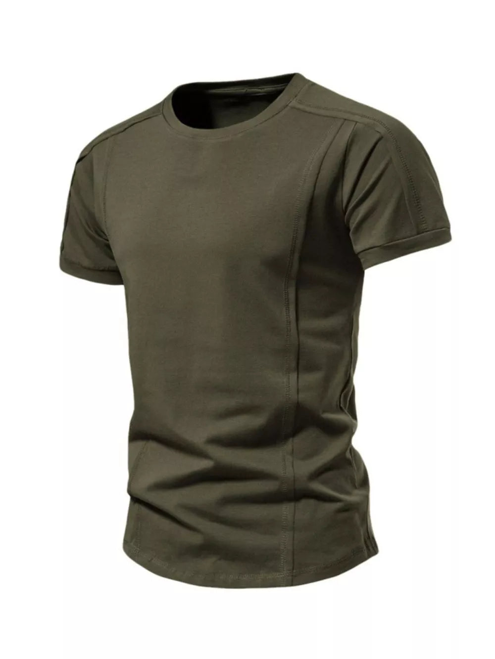 Men's army green cotton tactical t-shirt with round neck and seam details.