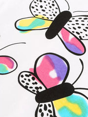 Toddler cotton one-piece with colorful tie-dye butterfly print and black polka dot wings.